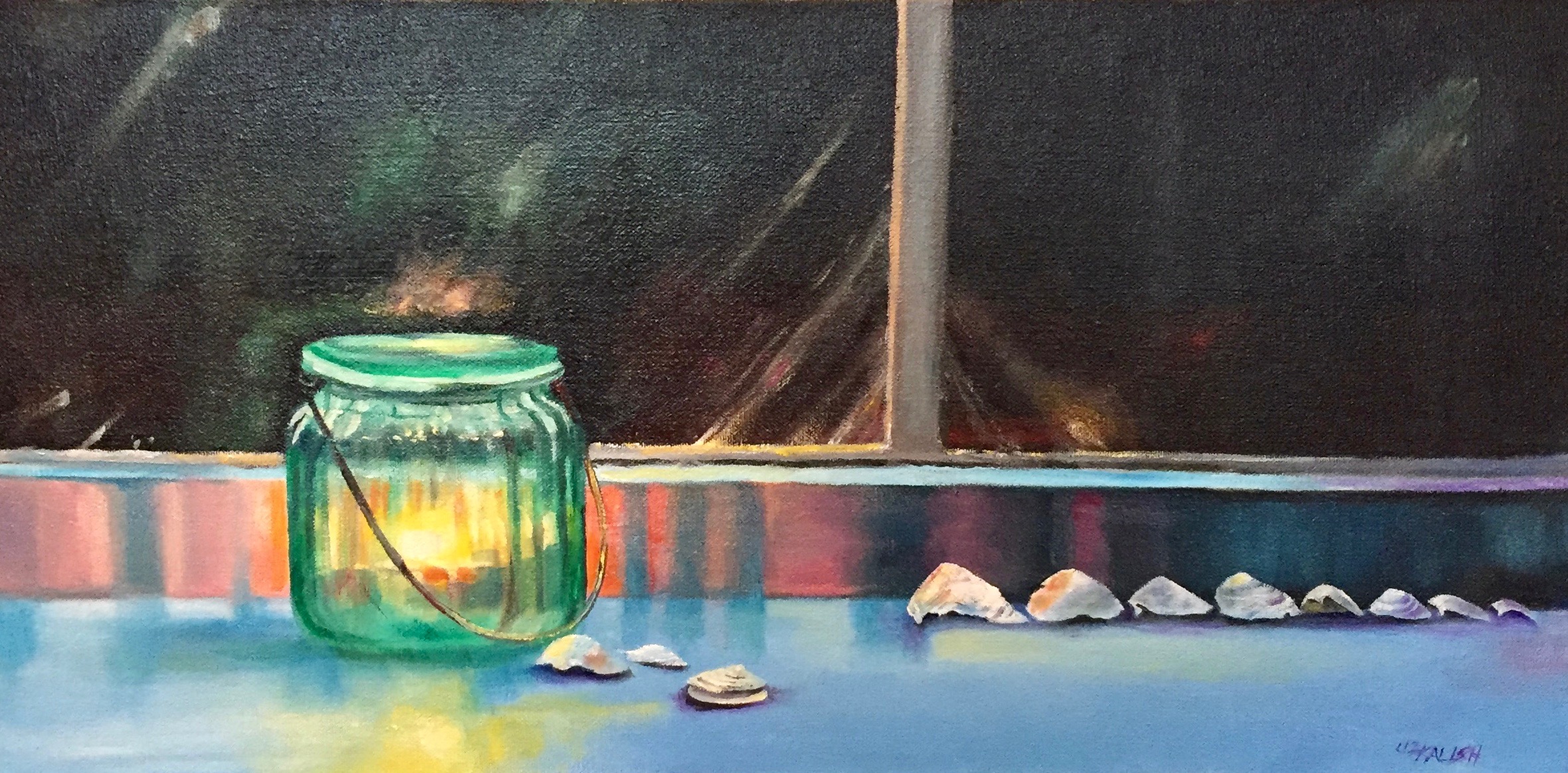 painting of jar lantern and shells